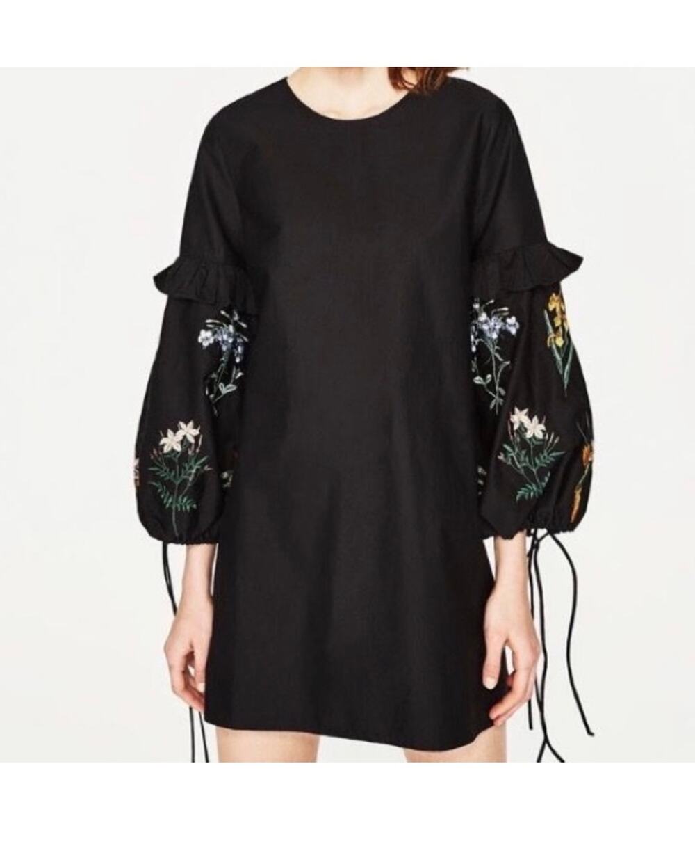 Zara Trafaluc Black Embroidered Boho Mini Dress Small